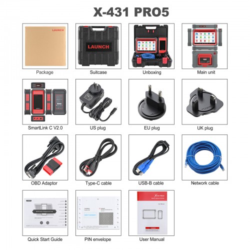 LAUNCH X431 PRO5 TypeC With J254 SmartLink 2.0 And Heavy Duty Truck Software License and Adapters Support 12V & 24V Cars and Trucks