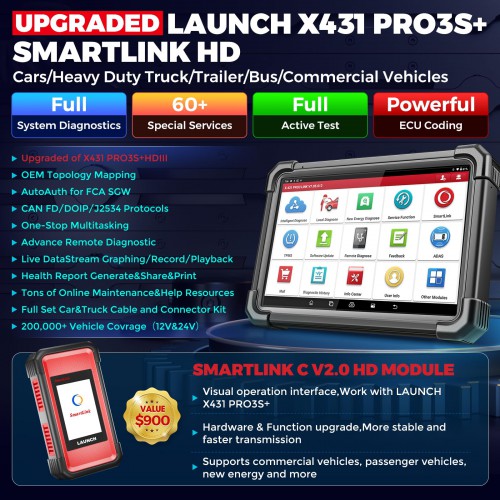 LAUNCH X431 PRO3S+SMARTLINK HD J2534 Heavy Duty Truck Scanner For Cars And Trucks 12V& 24V Support 60+Service,ECU Coding,Topology Mapping,AutoAuth FCA